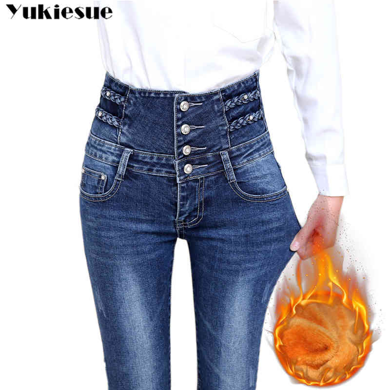 

autumn high waist winter warm thick ladies jeans woman button fly legging pencil pants jeans plus size stretch women jeans 210519, Blue no velvet