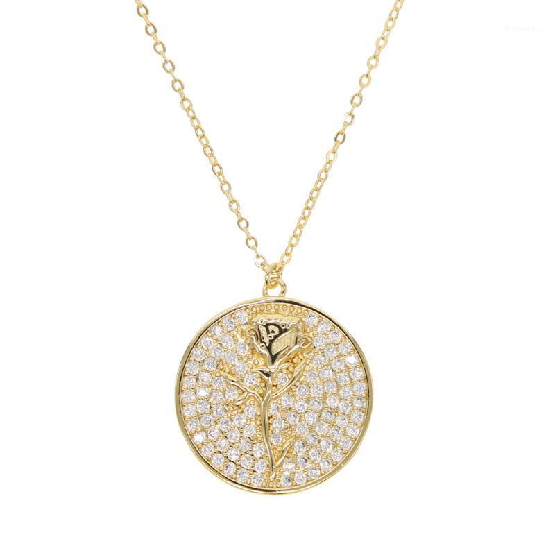 

Chokers Fashion Gold Filled Round Shape Charm Pendant With White Cz Micro Paved Rose Flower Dog Animals Moon Pattern Necklace Jewelry, Golden;silver