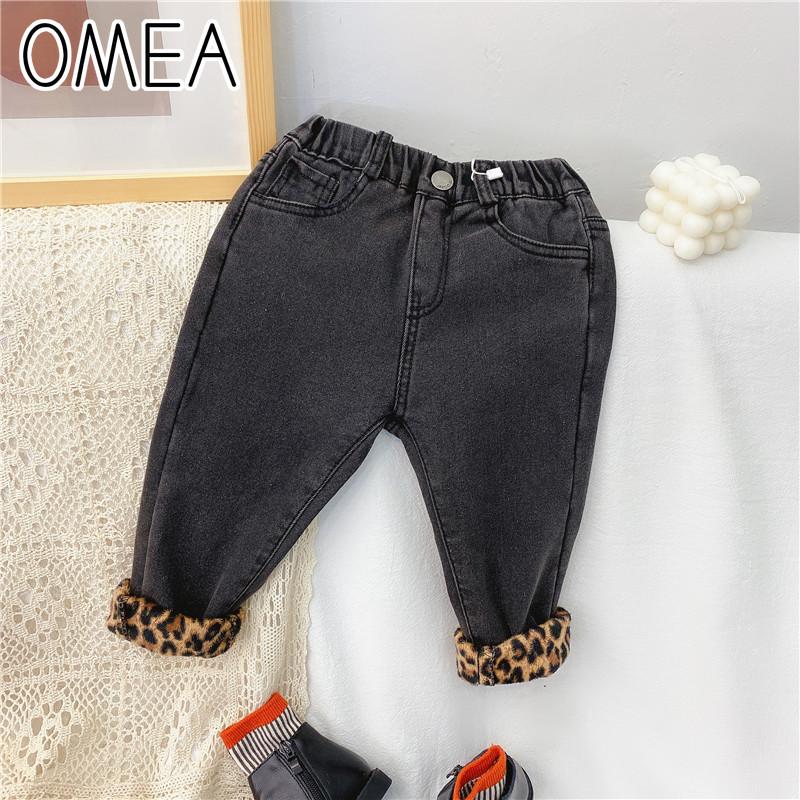 

Leopard Girls Jeans Fall Winter Kids Korean Style Warm Pants Baby's Velvet Thickened Trousers Elastic Waist Black Children, Blue