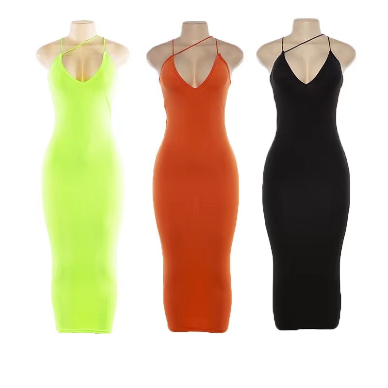 

Summer women's V-neck open back suspender long skirt solid one-piece tight dress, Black