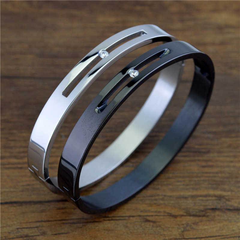 

Exaggerated Hollow Out Stripe Couple Bangles with Cubic Zirconia Fashion Stainless Steel Bracelet for Women Vintage Jewelry Gift Q0719