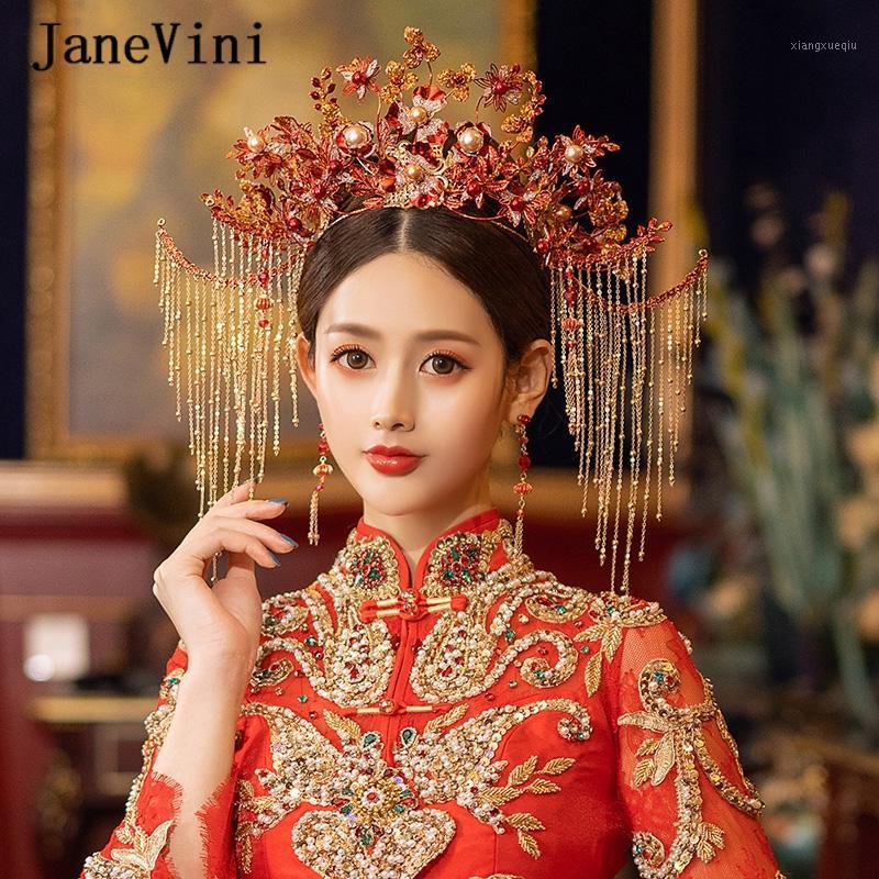 

JaneVini Vintage Chinese Red Flower Wedding Queen Coronet Crown Costume Bridal Hairpins Tassels Head Jewelry Accessories Hair Clips & Barret, Golden;silver