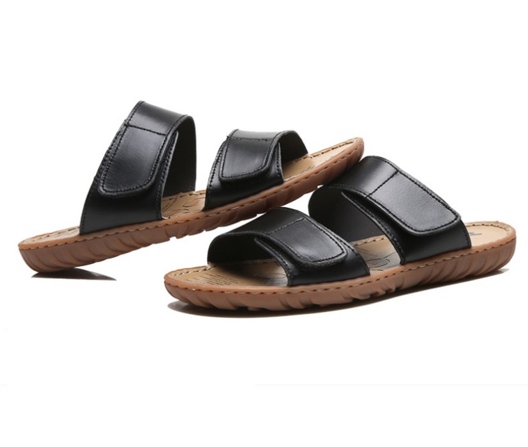 

Summer Breathable Men's Sandals Soft Leather Casual Shoes Comfortable Flats Outdoor Man slippers Roman Style Beach Sandal, Black