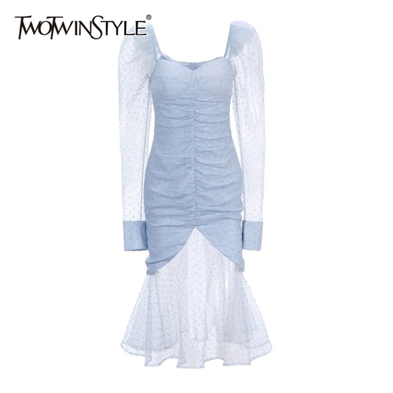 

Patchwork Dot Sequin Dress For Women Square Collar Puff Long Sleeve High Waist Mesh Midi Dresses Female Fashion 210520, Blue