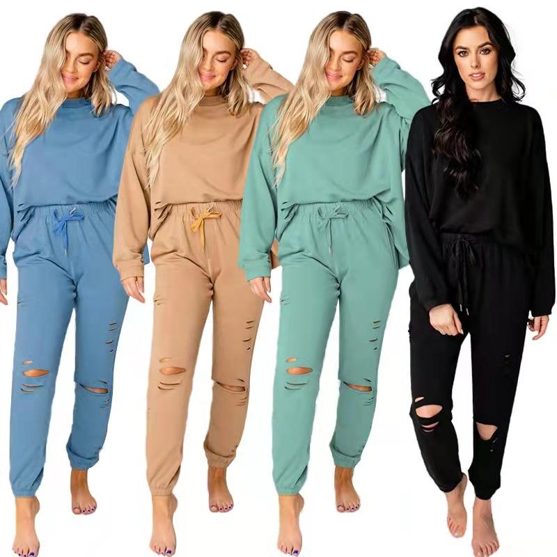 

Women's Two Piece Pants 2022 Spring Autumn Solid Color Hole Round Neck Pullover Long Sleeve Sweater Casual Cotton Suit Women, White