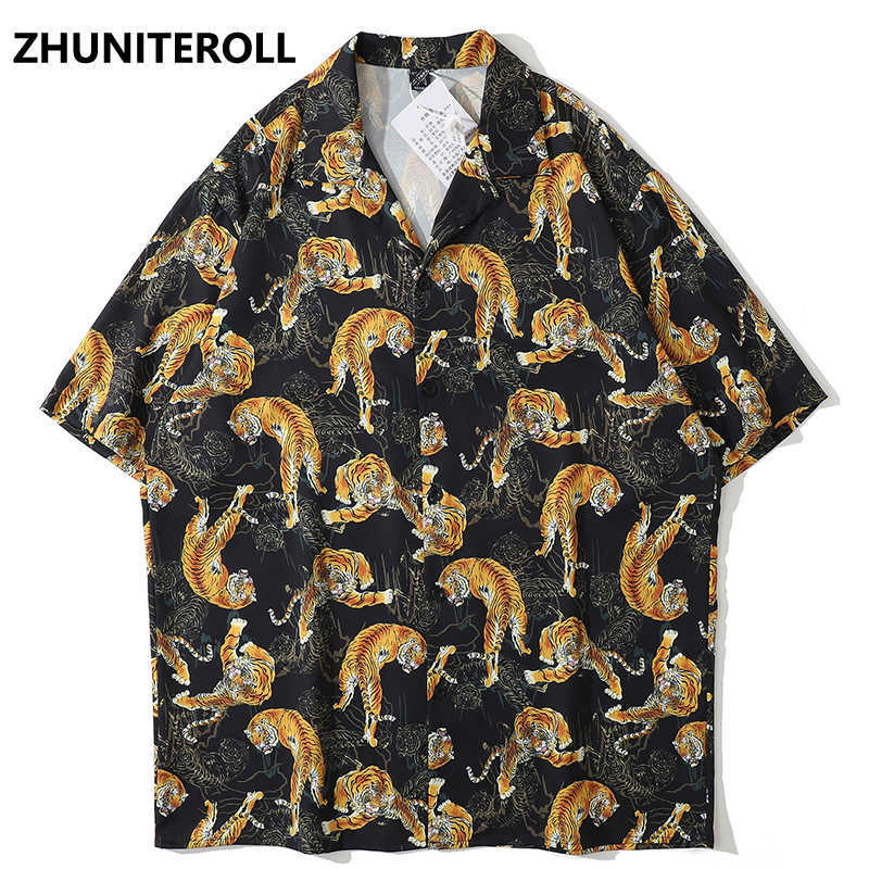 

Tiger Animal Print Hawaiian Beach Shirts Hip Hop Button Shirt Mens Fashion Short Sleeve Teachwear Holiday Party Blouse Tops 210721, Black