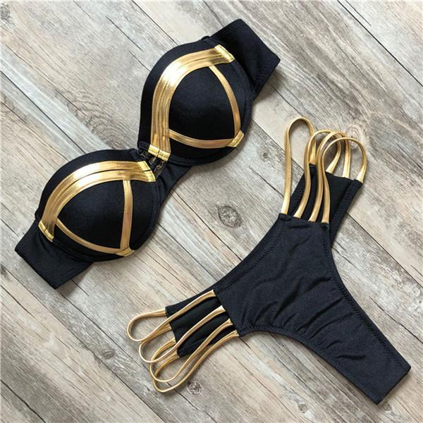 Mélanger 4 couleurs de maillot de bain Gold Bikini Stamping Bikini avec des femmes rembourrées sexy à anneaux en acier push up Summer Beachwear B
