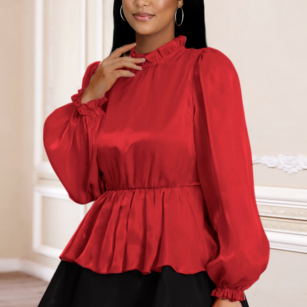 

Women Blouses Long Lantern Sleeves Peplum Ruffles Shiny Thin Transparent Tops Shirt Fashion Bluas Autumn Spring Red Elegant New, White