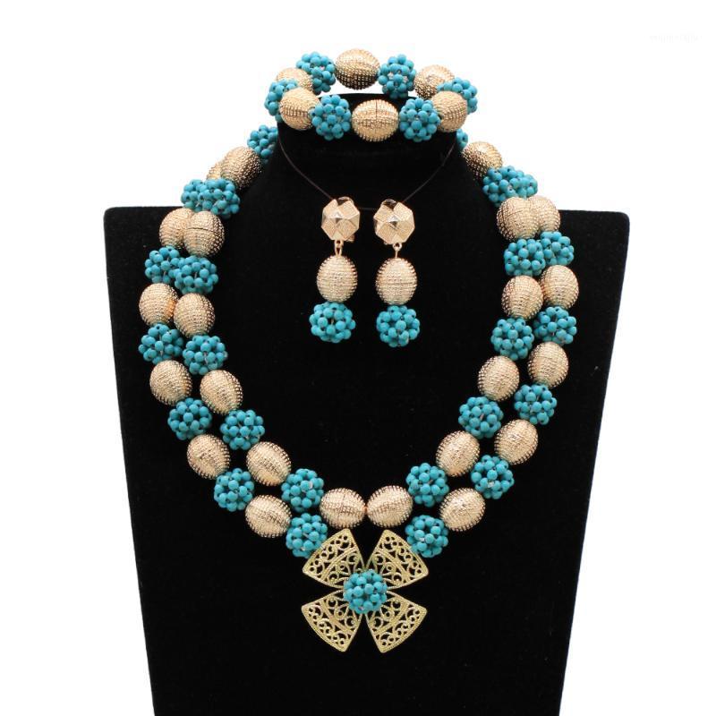 

Earrings & Necklace Double Layers African Beads Balls Gold Jewelry Set Chunky Bridal Party Nigerian Wedding Blue Purple Lavender WE275, As pic