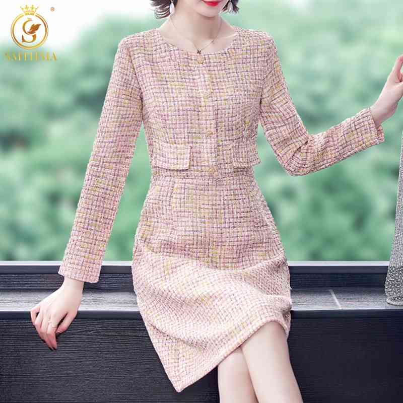 

Fashion Autumn And Winter Pink Dresses Robe For Women Long-Sleeved Tweed Woolen Party Dress Vestidos 210520, Photo color