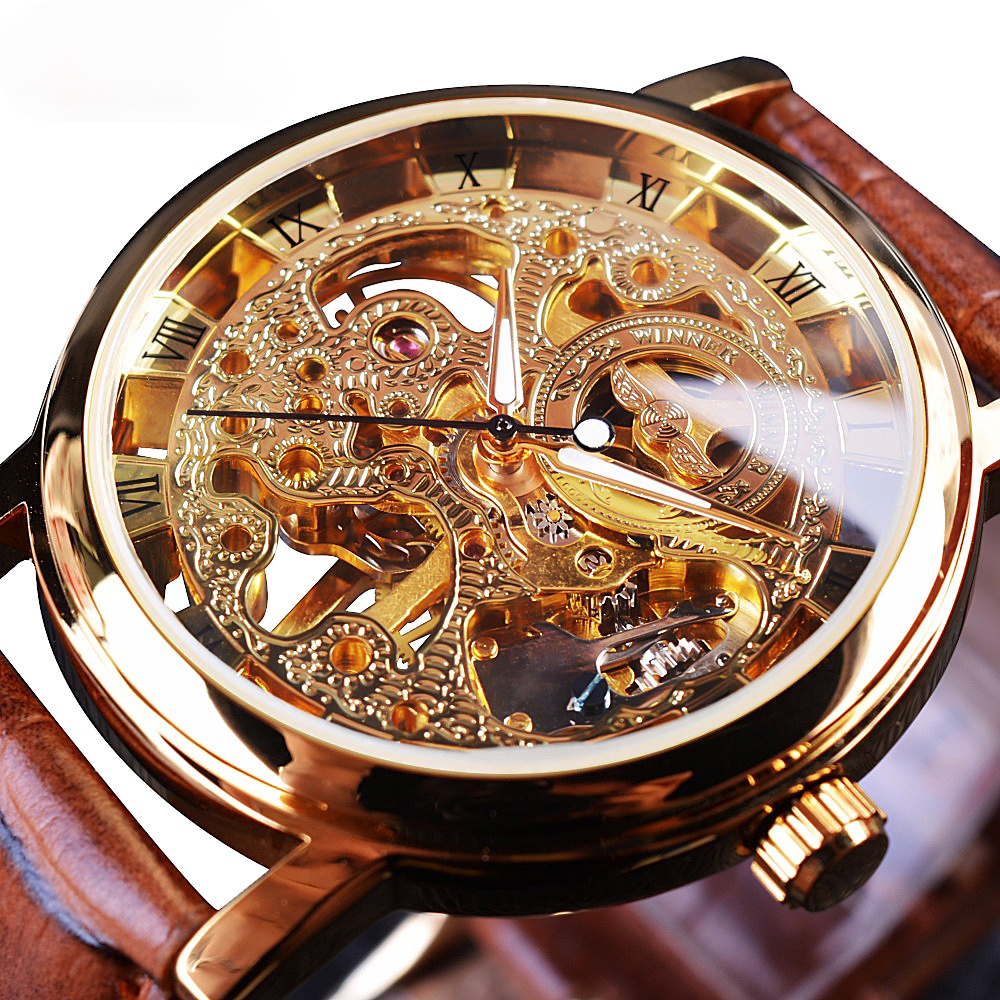 

Transparent Golden Case Luxury Casual Design Brown Leather Strap Mens Watches Mechanical Skeleton, Slivery;brown