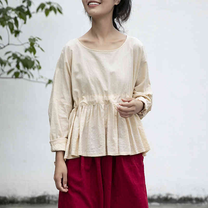 

Johnature Women Spring Cotton Linen T-Shirts Sweet Loose O-Neck Long Sleeve Beige Fold Women Clothes Girl Casual Tshirt 210521