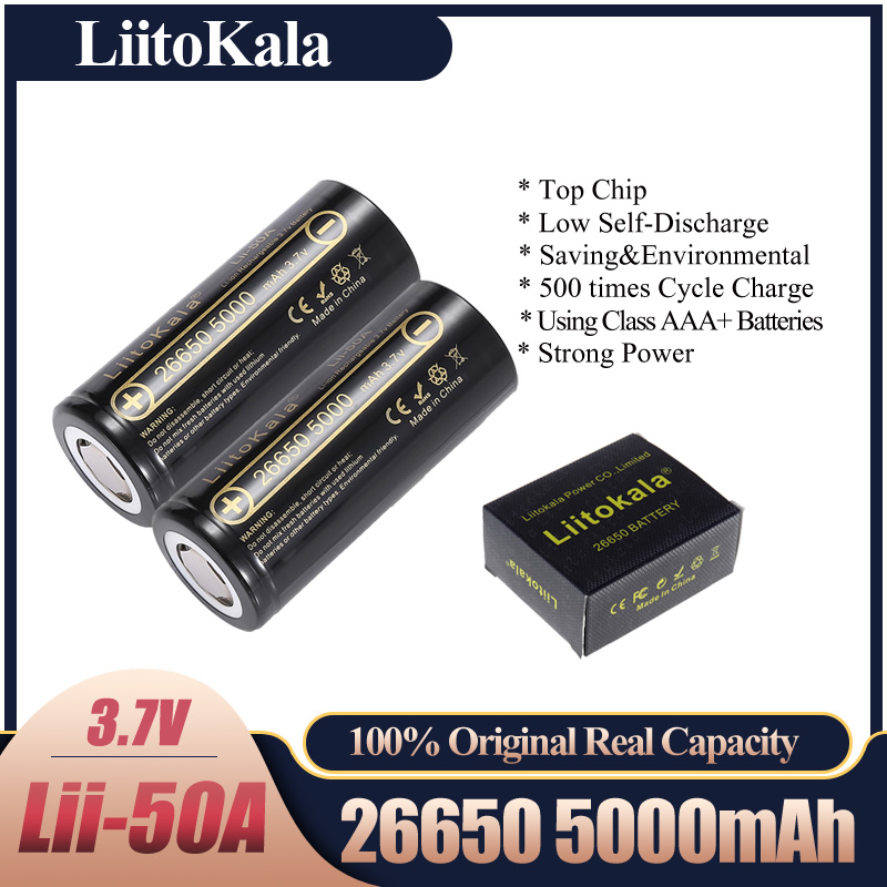 

HK LiitoKala Rechargeable Battery Lii-50A 26650 5000mah 26650-50A Li-ion 3.7v for Flashlight 20A new packing