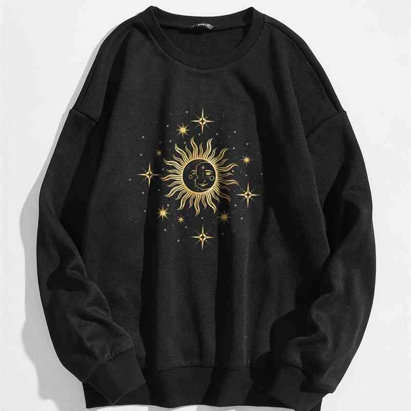 

Trendy black casual sheen straight sun star print round neck long sleeve sweater