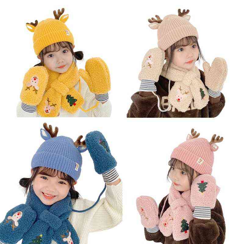 

M7dd 1-4 Years Children Hat Gloves Scarf Set Knitted Suit Winter 3pcs
