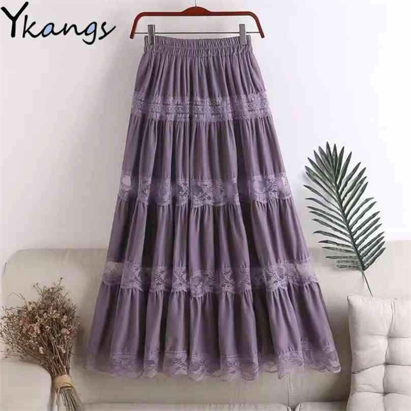 

Sweet kawaii Chiffon Lace Stitching A-line pleated skirt Women's High Waist Midi Skirts Black Purple Elegant Party Long Skirt 210629, White