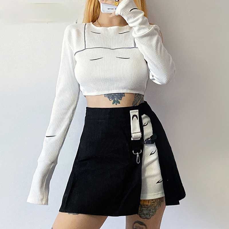 

Y2K women' mini skirt, open print, high waist, black, punk style, woman skirts women clothes 210602