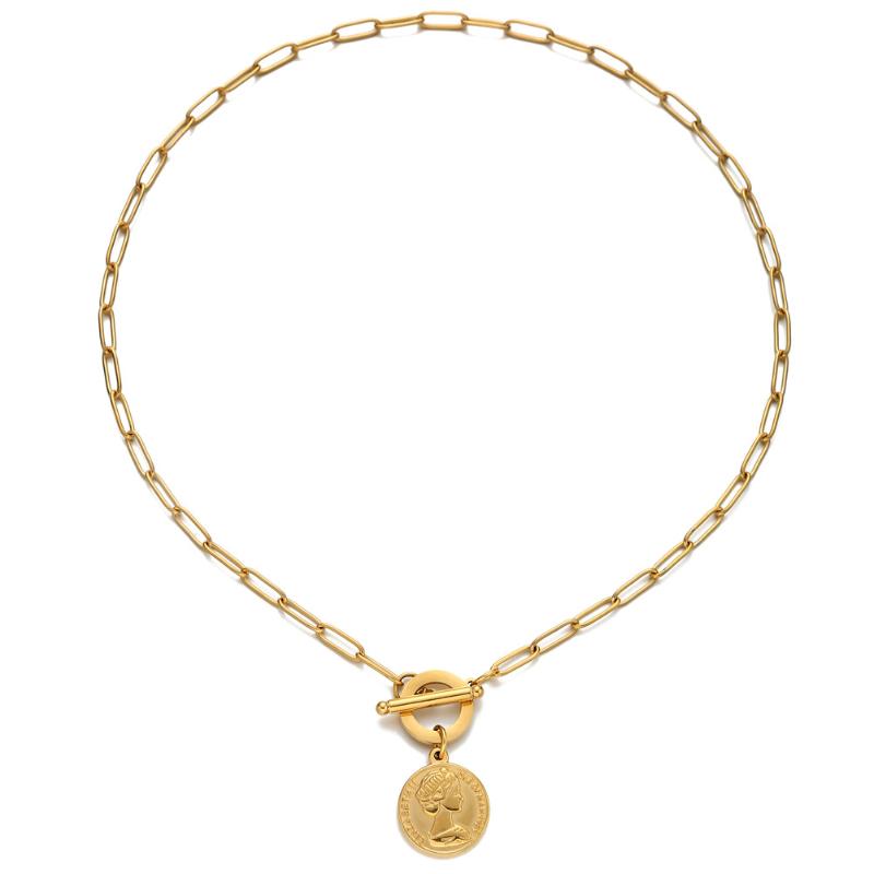 

Pendant Necklaces Women's Jewelry Stainless Steel PaperClip Chain OT Buckle Beauty Head Coin Choker For Woman Toggle