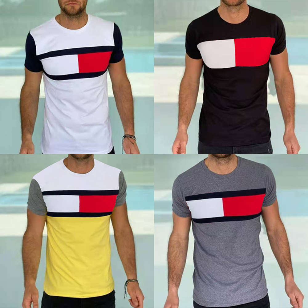 

t shirt summer Tommy same men's slim personality color matching round neck casual, White;black