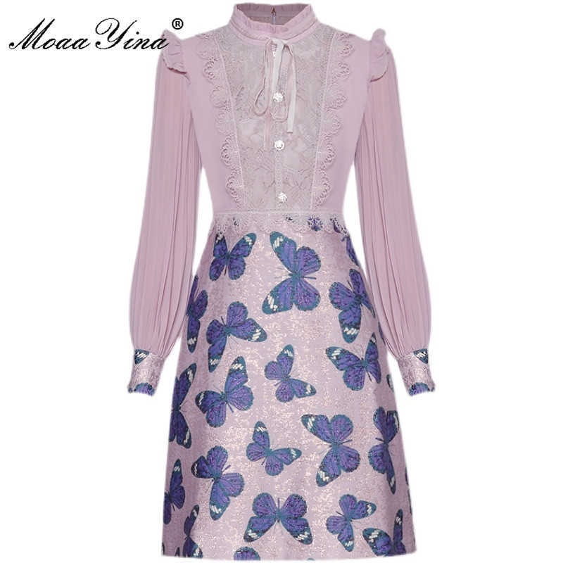 

Fashion Designer Summer Dresses Women Stand collar Long sleeve Elegant Lace Patchwork Butterfly Mini Dress 210524, Pink