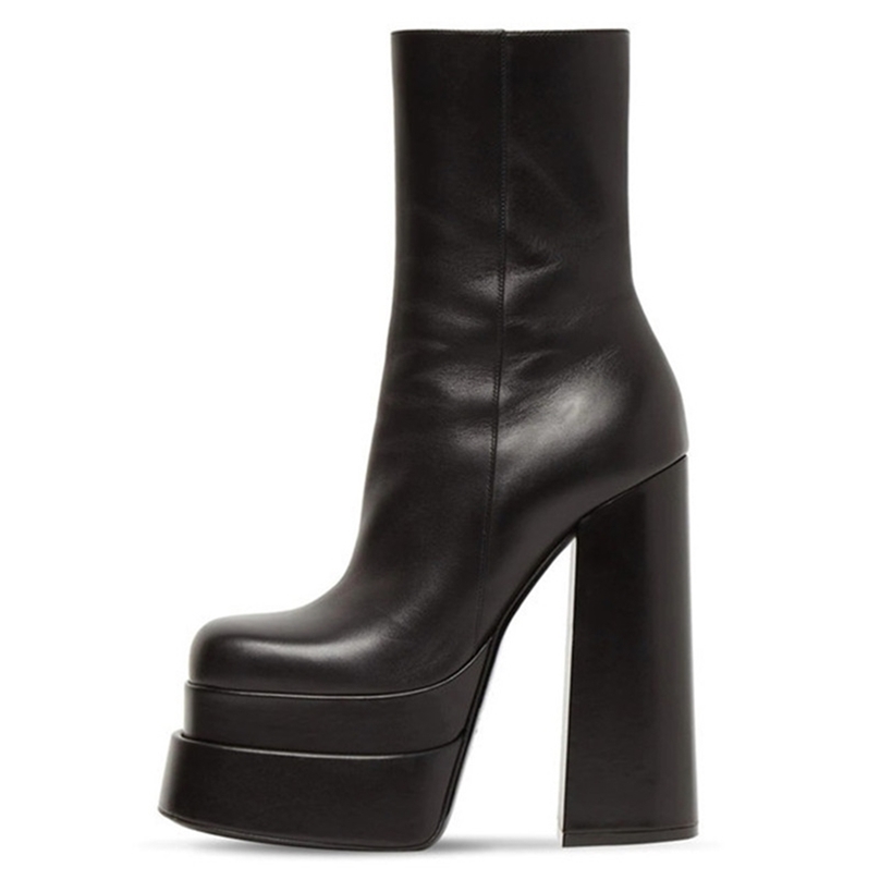 

Genuine Leather Ankle Boots For Women High Heel Platform Demonia ShoesZipper -side Chelsea Winter 211021, Black