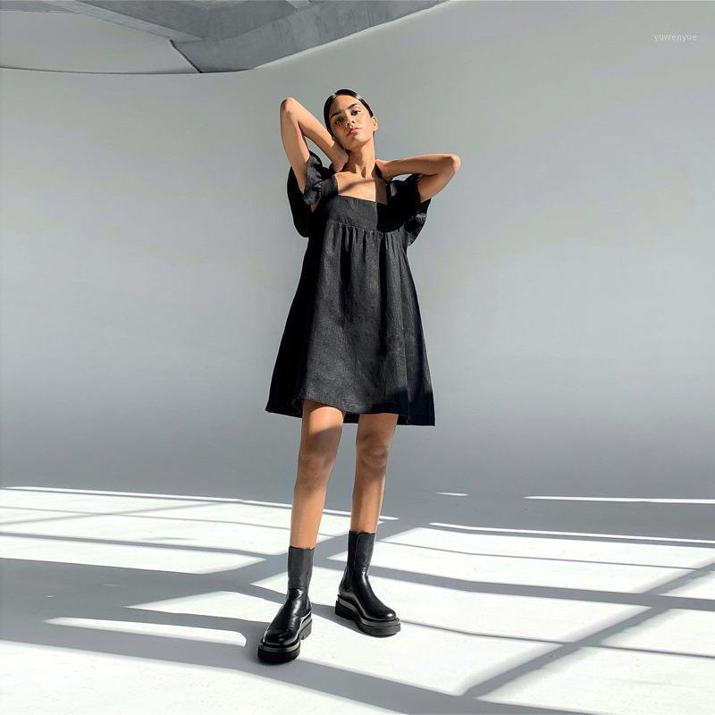 

Casual Square Collar Butterfly Sleeve Mini Sweet Dress Woman Backless High Waist Loose Linen Solid 2021 Summer Dresses, Black