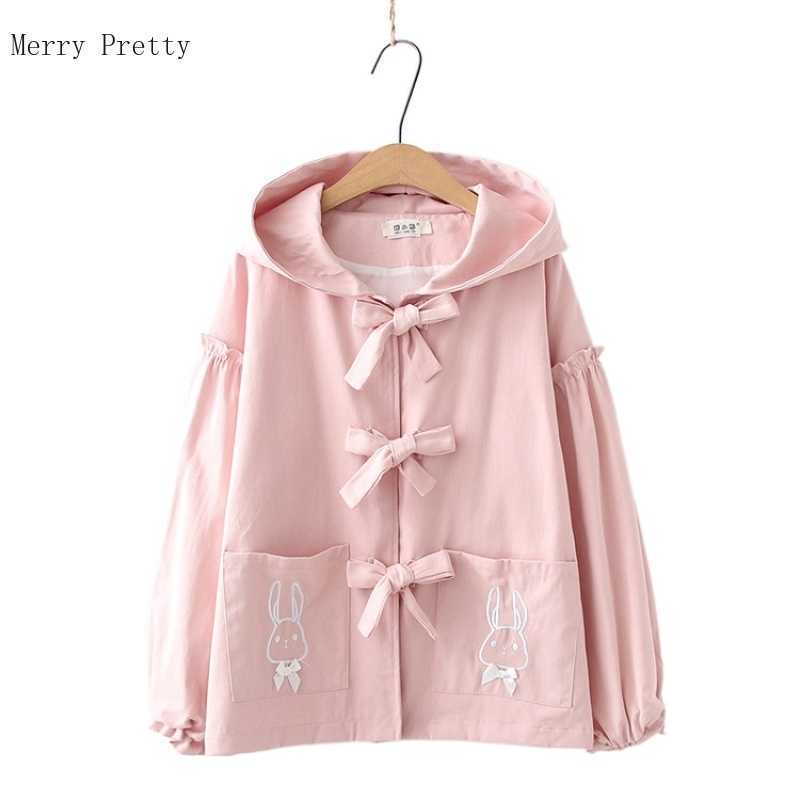 

Pink Harakuju Cartoon Rabbit Embroidery Hooded Women Jacket Summer Zipper Long Sleeve Kawaii Cute Ladies Lace Up Outwears 210526, Blue