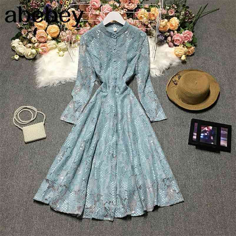 

Spring Temperament All-match stand collar long sleeve Dress waist slim single breasted lace Dress 210715, Yellow