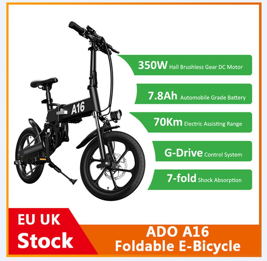 

[EU UK Stock] ADO A16 Foldable Electric Bicycle 16'' Tire 350W DC Motor 25km/h Max Speed Men Women City BIke Mountain ebike, Black