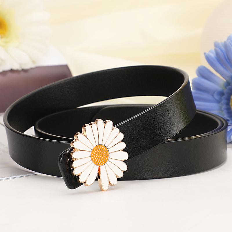 

HIMUNU] Designer Brand Genuine Leather Belt For Women High Quality Cowhide Chrysanthemum Buckle Waistband Belts, Black;brown