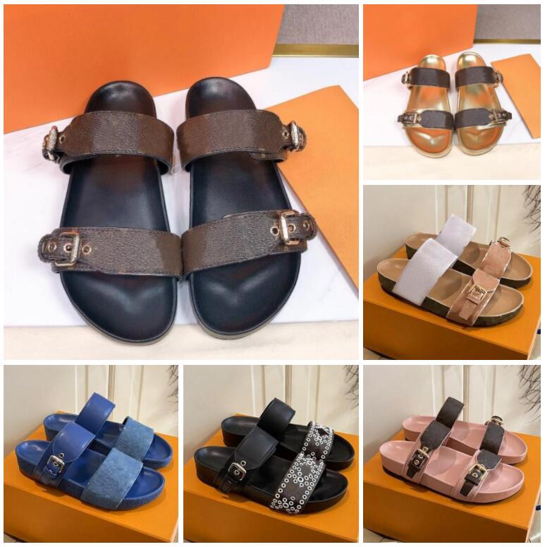 

Designer Women Slides Sandal Bom Dia Flat Mule Slipper Patent Canvas Beach Sandals Rubber Soles Summer Flip Flops with box EU35-46, Color 9