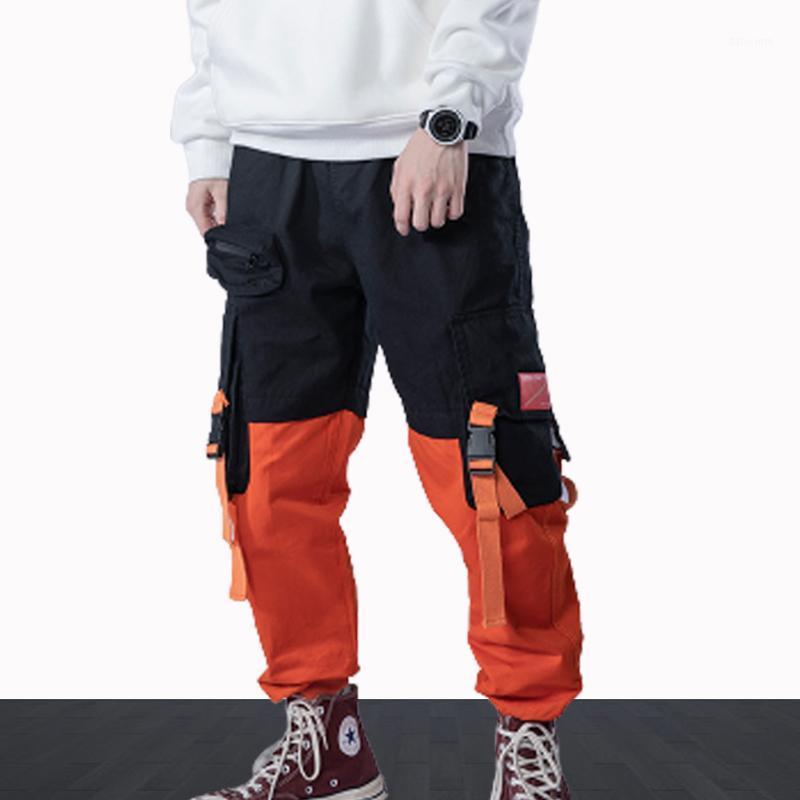 

Retro Harajuku Style Trend Hit Color Pocket Casual Student Pants Men's Loose Elastic Waist Drawstring Overalls, Black and red