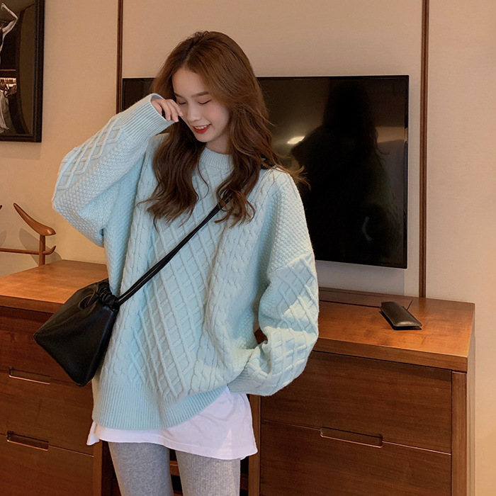 

Autumn Winter Simple Pullover Sweater Women Oversized Lazy Wind Rhombus Pattern Outer Wear O Neck Knitted Tops Fashion 210520, Lightgreen