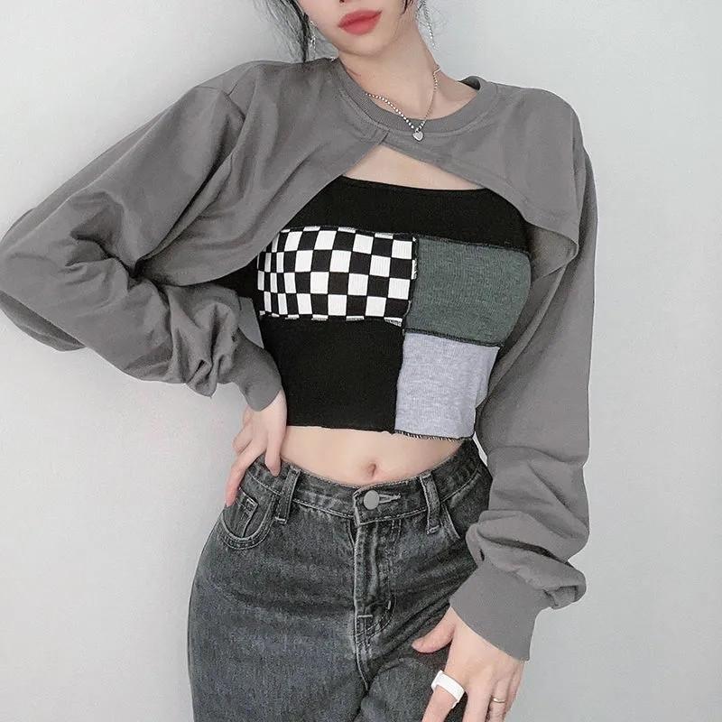 

Women' Hoodies & Sweatshirts Two Piece Outfits Sexy Casual Crop Hoodie And Camisole Women Loose Grunge Hooded Jacket Streetwear Retro Cloth, Black