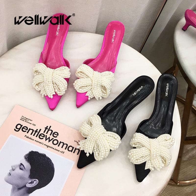 

Slippers Wellwalk Women Heel Mules Ladies Med Heels Pearl Bow Slides Pointed Toe Female Dress Kitten Summer Shoes Flip Flops, Black