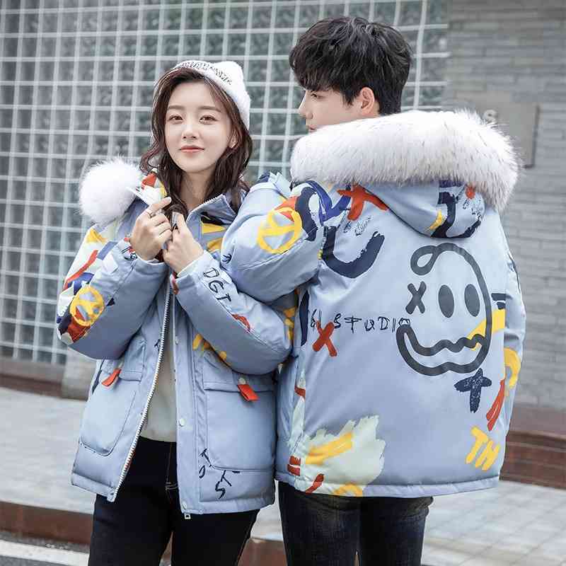 

2021 new little devil short fashion trendy winter couple's thickened white duck down warm jacket, Black