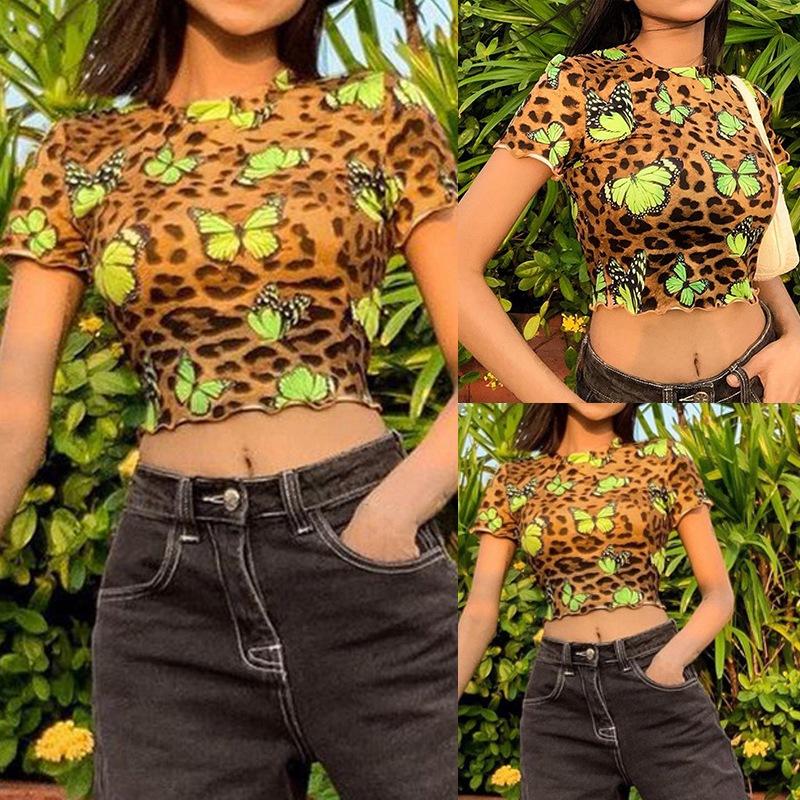 

Women' T-Shirt Aesthetic Cute Leopard Print Cropped T Shirt O Neck Short Sleeve Women Shirts Butterfly Kawaii Clothes, As shown