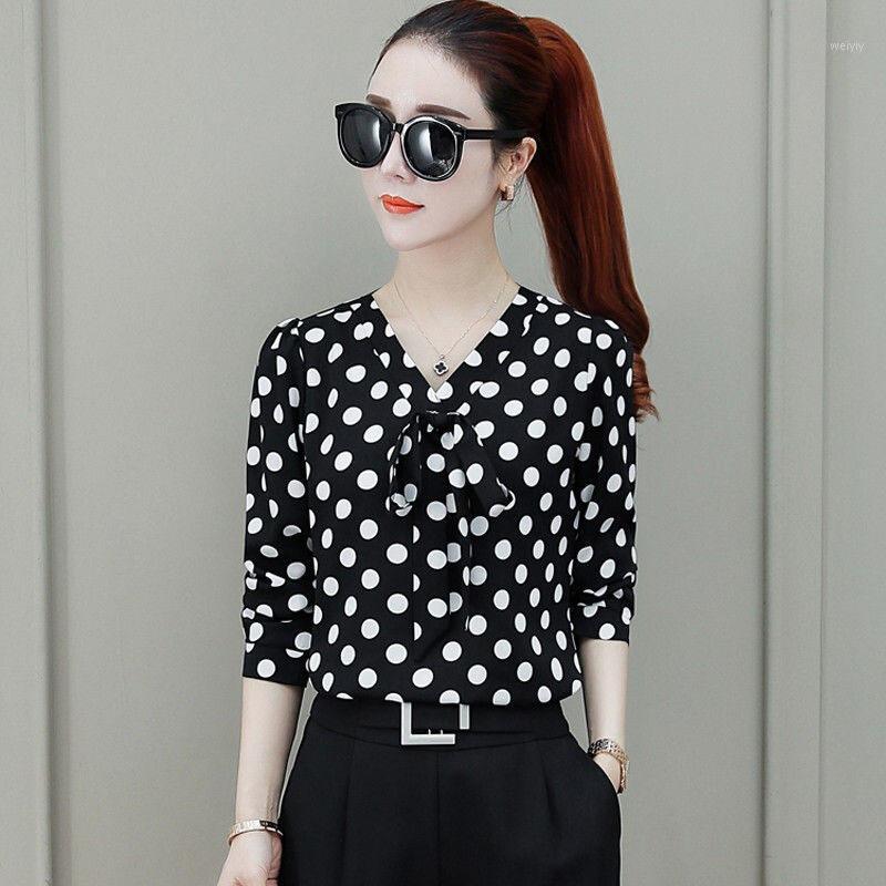 

Womens Tops Fashion Summer Autumer Long Sleeve Leisure Chiffon Blouse Casual Female Bow Polka Dot Blusas DD2604 Women's Blouses & Shirts, Black