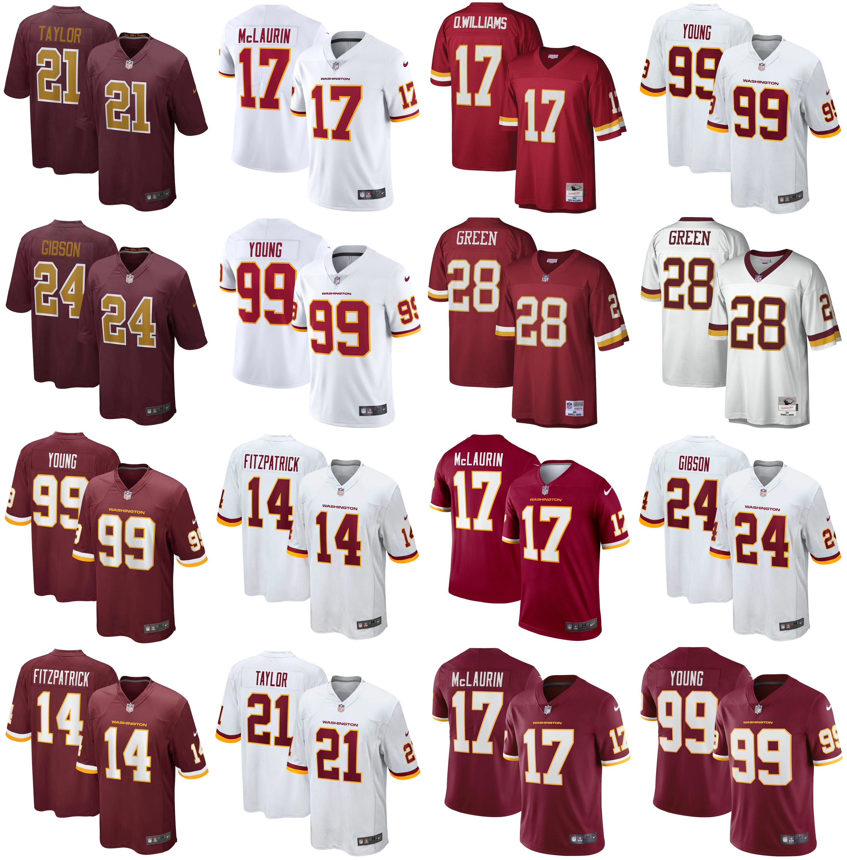 

2021 American Football Jerseys Washington Team Jersey Chase 99 Young Antonio 24 Gibson Darrell 28 Green Doug 17 Williams John 44 Riggins Stitched Size S-XXXL, As photo