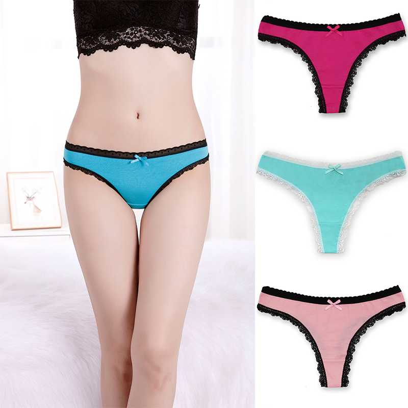 

Women's Panties Ladies Sexy Thong Lace Solid Color Fitness G-String Cotton Underwear Large Size Low-waist Briefs 1PCS/set, Black