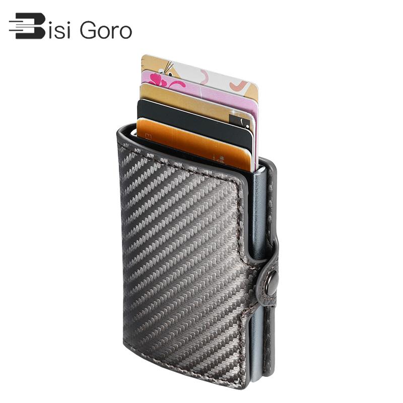 

RFID Men Business Button Wallet Male Coin Purse ID Holder With Zipper Top Quality Carbon Fiber Wallets, Red;black