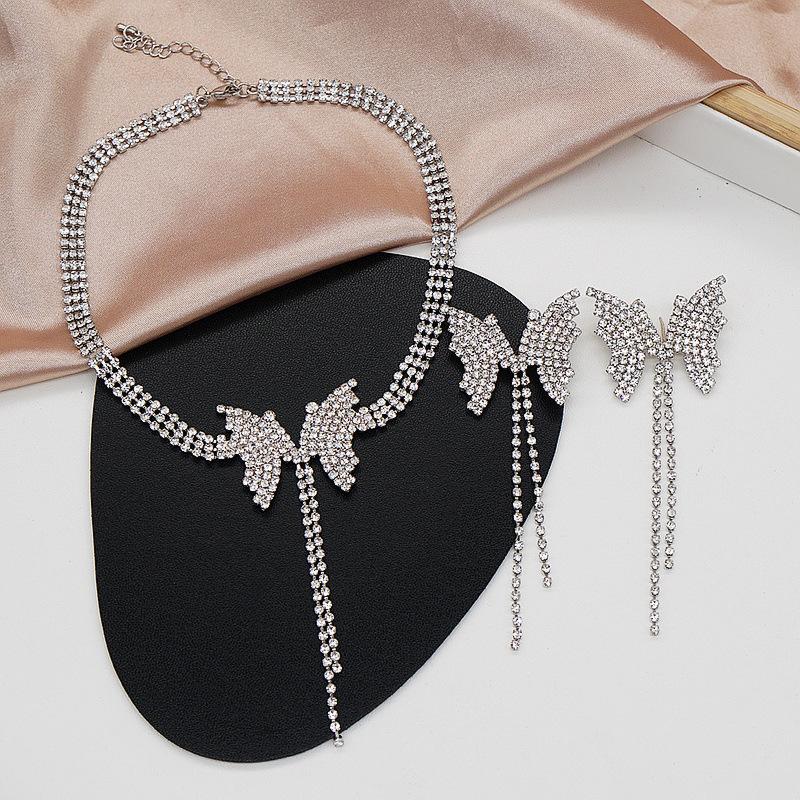 

Earrings & Necklace Full Rhinestone Butterfly Clavicle Chain Tassel Earring Fashion Wedding Engagement Jewelry Set For Women, Silver
