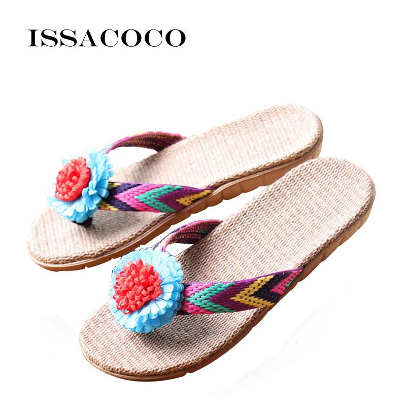

Slippers ISSACOCO Women's Linen Flat EVA Non-Slip Floral Slides Home Shoes Beach Flip Flops Ladies Flax, Black