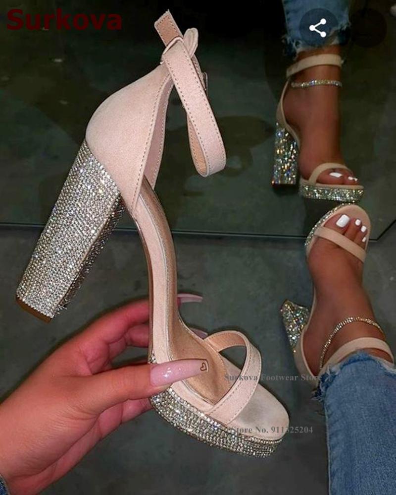 

Sandals Surkova Silver Crystal Chunky Heel Bling Rhinestone Platform Patchwork Dress Shoes Beige Black Suede Glitter Pumps