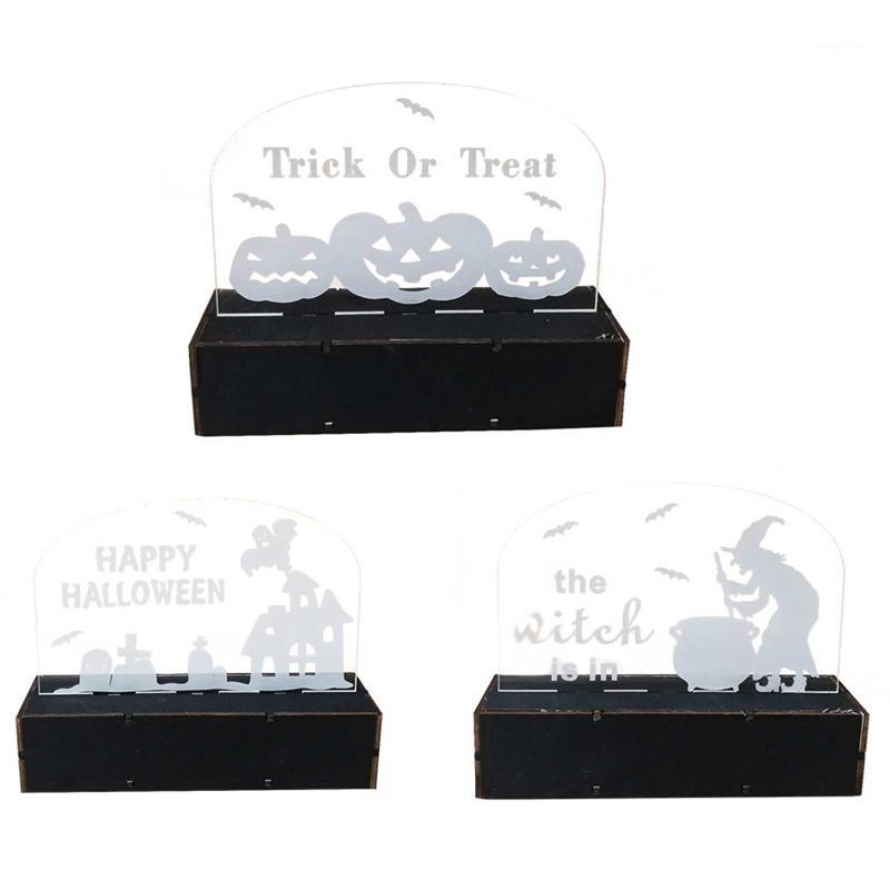 

Party Decoration Halloween Ornaments Wooden Acrylic Carving Pumpkin Witch Trick Or Treat LED Light Props Home Bar Table
