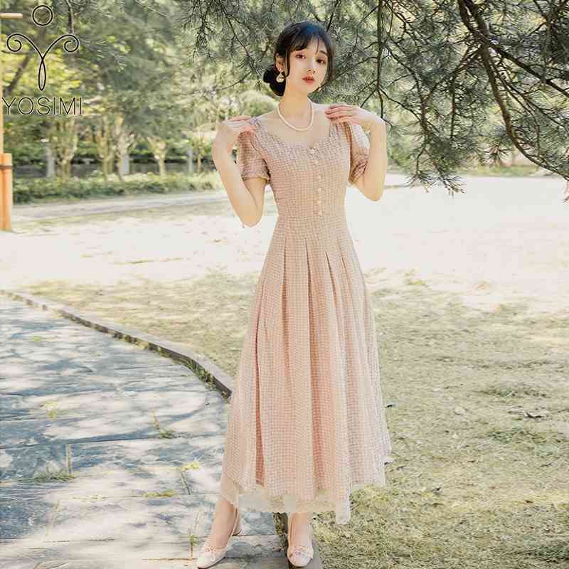 

YOSIMI Women Long Dress Summer Chiffon and Lace Maxi Vintage Print Plaid Short Sleeve Party Elegant 210604, Blue