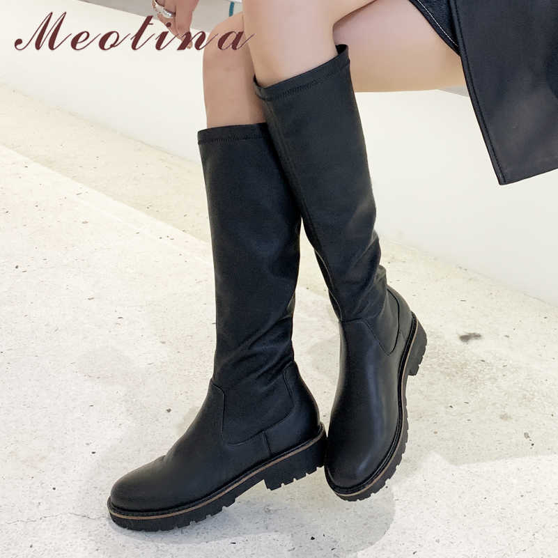 

Meotina Winter Riding Boots Women Natural Genuine Leather Thick Heel Knee High Boots Cow Leather Round Toe Shoes Lady Fall 34-39 210608, Black