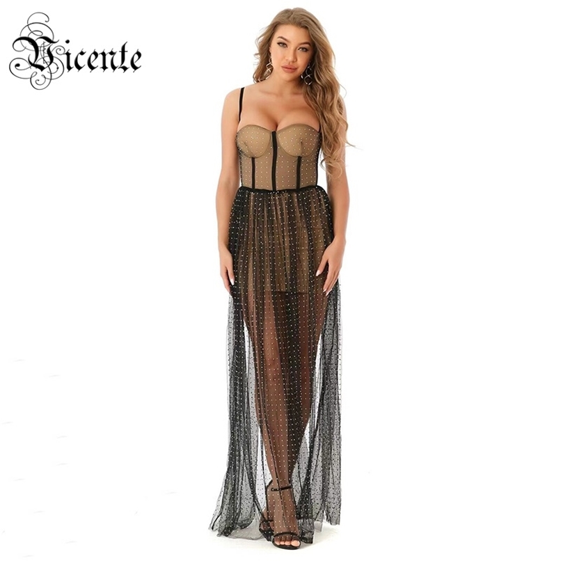 

Chic Long Slip Dress Crystal Design Ruffles Voile Sexy Sleeveless Square Collar Celebrity Party Club Vestido Free 210520, Multi