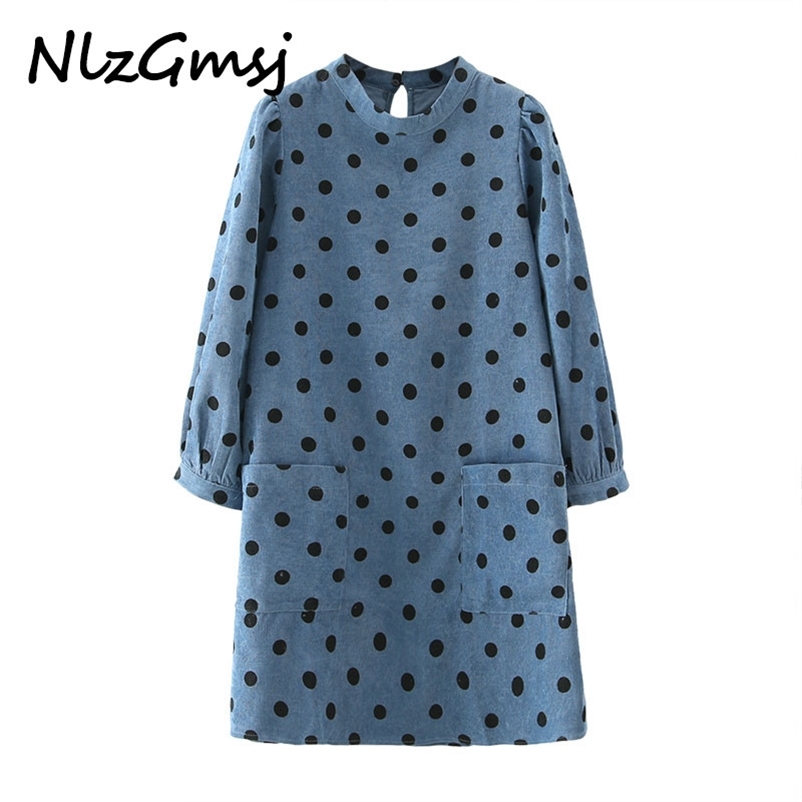 

Nlzgmsj Women Vintage Polka Dot Corduroy Dress Female Long Sleeve Stand Collar Pockets Straight Mini Autumn Winter 210628, As picture