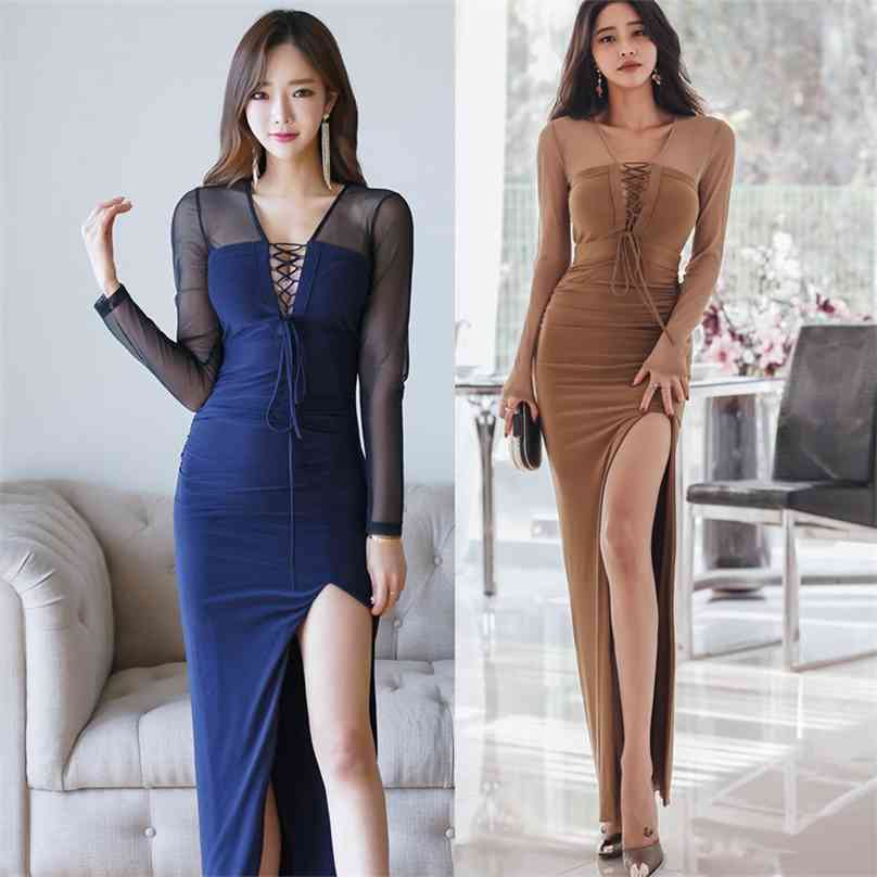 

party Dress korean ladies Sexy Lace Summer Long Sleeve V neck night club Maxi Dresses for women clothing 210602, Blue